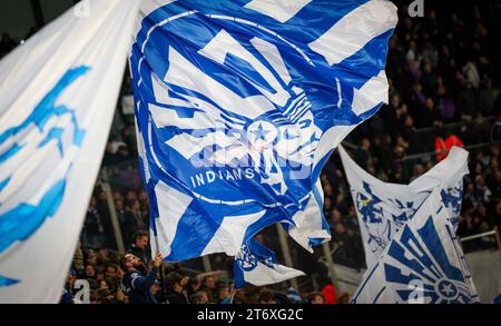 Il tifoso di Gent raffigurato durante una partita di calcio tra KAA Gent e RSCA Anderlecht, domenica 12 novembre 2023 a Gent, il giorno 14 della stagione 2023-2024 della prima divisione del campionato belga "Jupiler Pro League". BELGA FOTO VIRGINIE LEFOUR Foto Stock