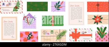 Buste di Natale e lettere di babbo natale. Posta natalizia, congratulazioni per il nuovo anno ad amici, familiari e colleghi Collezione vettoriale di razze Illustrazione Vettoriale
