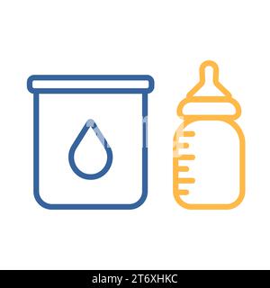 Latte in polvere in scatola e icona vettore del biberon. Cartello prodotto lattiero-caseario. Simbolo grafico per la progettazione di siti Web e app per cucinare, logo, app, interfaccia utente Illustrazione Vettoriale