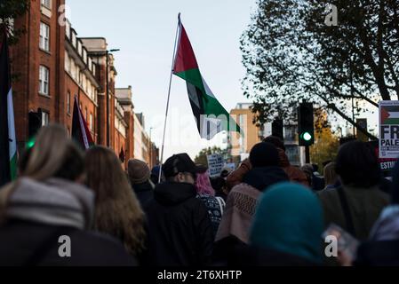 Londra, Regno Unito. 11 novembre 2023. Marcia Nazionale per la Palestina, Londra, Regno Unito, 11 novembre 2023. Più di 300.000 persone marciano a Londra per mostrare la loro solidarietà al popolo di Gaza e per chiedere un cessate il fuoco ora, in un giorno che celebra con la celebrazione nazionale della giornata dell'armistizio per celebrare la fine della prima guerra mondiale, e tutti coloro che si sono persi nel conflitto. C'è stata polemica sulla polizia dell'evento, dopo che il ministro degli interni Suella Braverman ha affermato che la polizia metropolitana ha sorvegliato eventi come questo con pregiudizi. Crediti: Francesca Moore/Alamy Live News Foto Stock