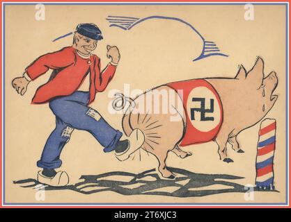 WW2 Nederlands Dutch Propaganda Nazi Occupation poster con un uomo olandese che indossa zoccoli, che calcia una svastica che indossa un maiale strisciante sul retro. Olanda, Nederlands, seconda guerra mondiale. Illustrazione di guerra cartone animato umoristico scuro. Foto Stock