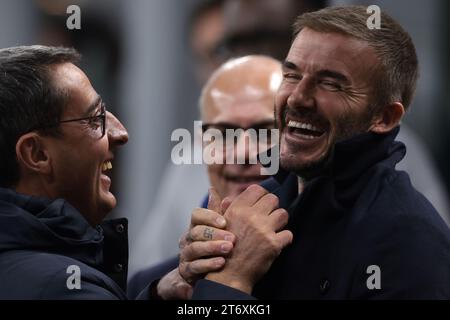 Milano, 7 novembre 2023. L'ex calciatore inglese, Manchester United, LA Galaxy, AC Milan e PSG Centrocampista e attuale presidente e co-proprietario dell'Inter Miami, David Beckham reagisce prima della partita di UEFA Champions League a Giuseppe Meazza, Milano. Il credito fotografico dovrebbe leggere: Jonathan Moscrop / Sportimage Foto Stock
