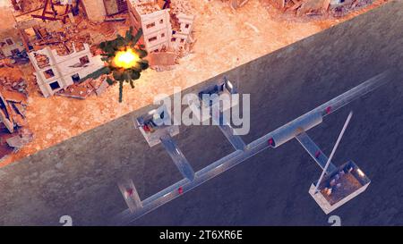 Città del Medio Oriente, edifici bombardati finiscono distrutti. Operazioni militari. Striscia di Gaza. Tunnel sotterranei per fuggire, nascondersi e trattenere i prigionieri Foto Stock