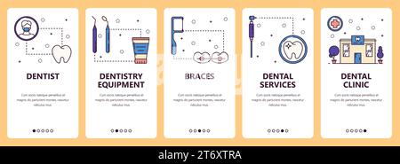 Set vettoriale di banner verticali con dentista, apparecchiature odontoiatriche, bretelle, servizi odontoiatrici, sito Web della clinica odontoiatrica e modelli di app mobile. Sottile e moderno Illustrazione Vettoriale