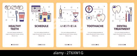 Set vettoriale di banner verticali con denti sani, programma, anestesia, mal di denti, sito Web di trattamento dentale e modelli di app mobile. lin sottile moderno Illustrazione Vettoriale