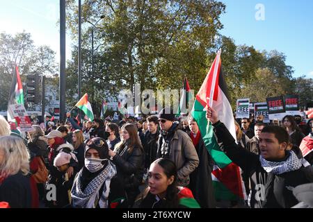 Una selezione di foto scattate l'11 novembre 2023 del weekend di marcia e armistizio pro-palestinese. Foto Stock