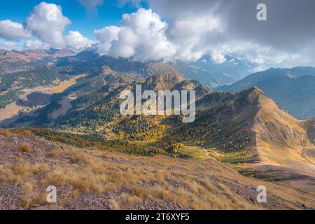 Caduta sui monti del Lagorai, con dolci crinali montani e pendii ricoperti di larice in pieno fogliame autunnale. Foto Stock