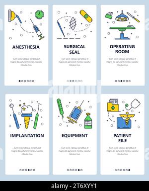 Set vettoriale di schermate di onboarding delle app mobili. Anestesia, sigillo chirurgico, sala operatoria, impianto, apparecchiatura, banner e modelli Web del file paziente Illustrazione Vettoriale