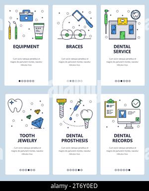 Set vettoriale di schermate di onboarding delle app mobili. Attrezzature, bretelle, servizio odontoiatrico, gioielleria dentaria, protesi dentarie e registri modelli Web e banner Illustrazione Vettoriale