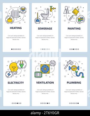 Set vettoriale di schermate di onboarding delle app mobili. Riscaldamento, fognatura, verniciatura, elettricità, ventilazione, modelli Web e banner idraulici. Arte sottile Illustrazione Vettoriale