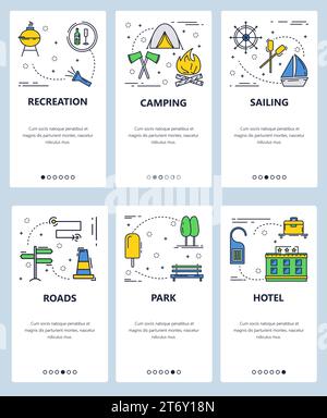 Set vettoriale di schermate di onboarding delle app mobili. Tempo libero, Camping, Vela, strade, Parco, modelli e banner Web per hotel. Icone piatte a linee sottili per Illustrazione Vettoriale