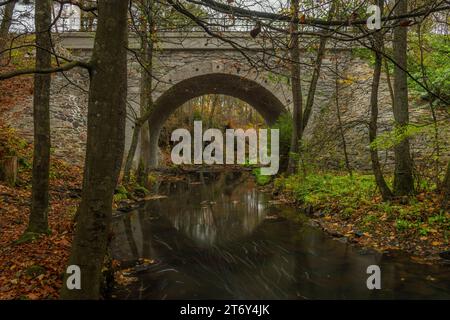 Fiume Doubrava con roccia colorata con muschio in autunno giorno piovoso vicino al villaggio di Bilek Foto Stock