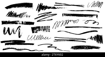 Set di linee a matita disegnate a mano, strisci e spruzzi. Segni neri, segni ricci. Pennelli artistici in grafite grintosa, doodle testurizzato gessetto a mano libera che disegna linee e onde. Illustrazione Vettoriale