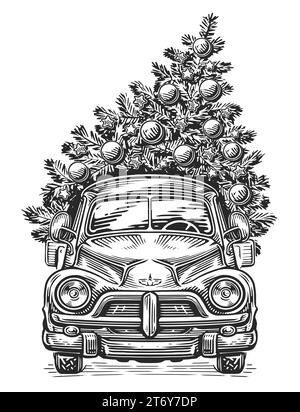 Camion agricolo disegnato a mano e albero di Natale con decorazioni. Illustrazione di schizzo retrospettiva Foto Stock