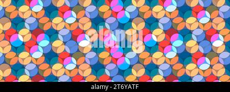 Sfondo geometrico astratto futuristico luminoso con cerchi e sfere colorate. Illustrazione vettoriale banner largo orizzontale. Illustrazione Vettoriale