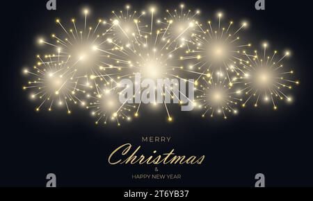 Buon natale e felice anno nuovo sfondo natalizio con fuochi d'artificio e luci scintillanti per festeggiare. Illustrazione vettoriale Illustrazione Vettoriale