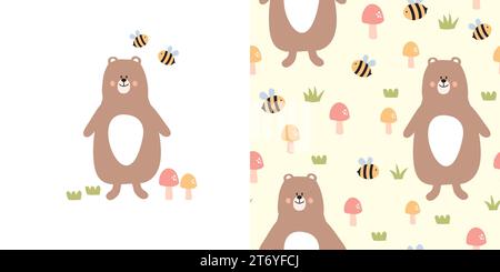Carino da orso e motivo senza cuciture. Bambini di fondo con orso, ape e funghi. Illustrazione vettoriale. Illustrazione Vettoriale