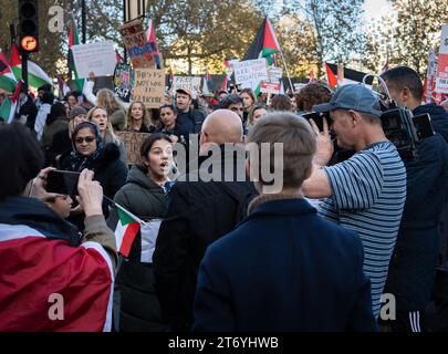 La giovane ragazza parla appassionatamente durante un'intervista televisiva alla marcia di pace pro-Palestina di Londra. Una folla di manifestanti guarda le bandiere in mano. Foto Stock