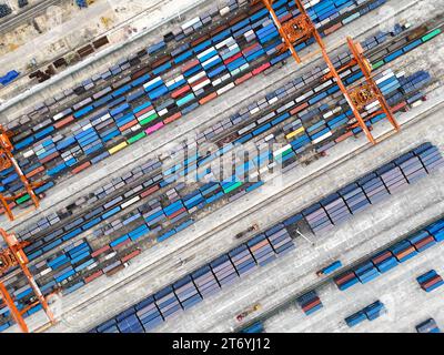 CHONGQING, CINA - 11 NOVEMBRE 2023 - i treni sono caricati presso l'International Logistics hub Park di Chongqing, nel sud-ovest della Cina, 11 novembre 2023. Foto Stock