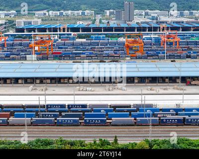 CHONGQING, CINA - 11 NOVEMBRE 2023 - i treni sono caricati presso l'International Logistics hub Park di Chongqing, nel sud-ovest della Cina, 11 novembre 2023. Foto Stock