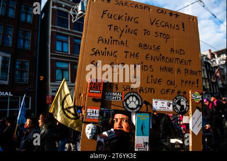 Amsterdam, Paesi Bassi. 12 novembre 2023. I manifestanti hanno visto in mano dei cartelli che esprimevano la loro opinione durante la manifestazione. Poco prima delle elezioni generali olandesi (22 novembre), circa 85,000 persone scesero per le strade di Amsterdam per chiedere al governo olandese di intervenire per affrontare la crisi climatica. La marcia è stata organizzata dalla coalizione olandese per la crisi climatica, che è una collaborazione tra undici diverse organizzazioni e gruppi. La manifestazione ha contato con la presenza dell'attivista svedese per il clima, Greta Thunberg. Credito: SOPA Images Limited/Alamy Live News Foto Stock