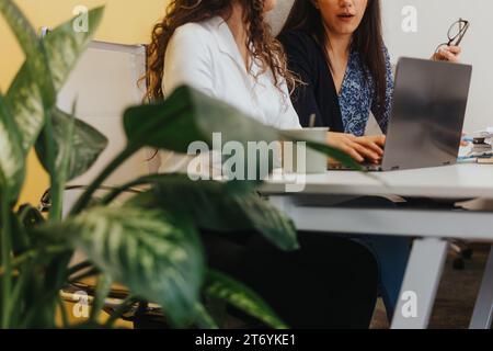Collaborazione aziendale innovativa tra due giovani donne d'affari nell'ufficio aziendale multinazionale Foto Stock