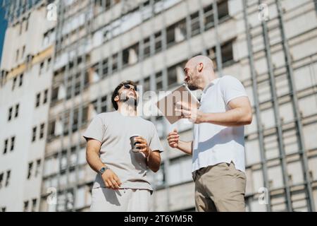 Architetti di successo discutono della progettazione di edifici in ambiente urbano Foto Stock