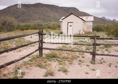 Edifici storici del Bates Ranch e recinzione nel deserto di Sonora, monumento nazionale Organ Pipe Cactus, Ajo, Arizona, USA Foto Stock