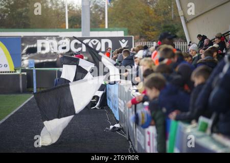 Newcastle upon Tyne, Regno Unito. 12 novembre 2023. Newcastle upon Tyne, 12 novembre 2023. I tifosi sventolano bandiere bianche e nere al Gallagher Premiership match tra Newcastle Falcons e Saracens a Kingston Park. Crediti: Colin Edwards/Alamy Live News Foto Stock