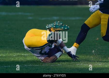 Pittsburgh, Pennsylvania, USA. 12 novembre 2023, Pittsburgh, Pennsylvania, USA: 12 novembre, 2023: Aaron Jones n. 33 durante la partita tra Pittsburgh Steelers e Green Bay Packers a Pittsburgh, Pennsylvania, all'Acrisure Stadium. Brook Ward/AMG (immagine di credito: © AMG/AMG via ZUMA Press Wire) SOLO USO EDITORIALE! Non per USO commerciale! Crediti: ZUMA Press, Inc./Alamy Live News Foto Stock