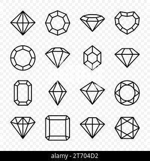 Set di icone Gemstone in bianco e nero lineari semplici e minimalistiche Vector Flat. Diamanti, Crystal, Rhinestones Closeup isolati. Concetto Jewerly. Progettazione Illustrazione Vettoriale