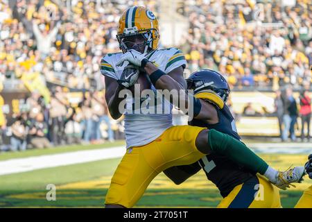 Pittsburgh, Pennsylvania, USA. 12 novembre 2023, Pittsburgh, Pennsylvania, USA: 12 novembre, 2023: Jayden Reed #11 durante la partita tra Pittsburgh Steelers e Green Bay Packers a Pittsburgh, Pennsylvania, all'Acrisure Stadium. Brook Ward/AMG (immagine di credito: © AMG/AMG via ZUMA Press Wire) SOLO USO EDITORIALE! Non per USO commerciale! Crediti: ZUMA Press, Inc./Alamy Live News Foto Stock