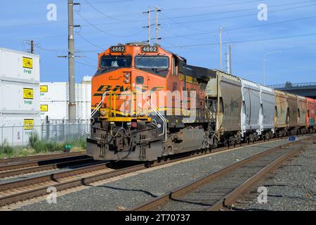 Everett WA, USA - 8 novembre 2023; locomotiva merci BNSF che lavora su un treno con Canadian Potash Foto Stock