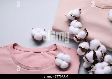 Ramo di cotone con fiori soffici e t-shirt su sfondo grigio chiaro, vista dall'alto Foto Stock