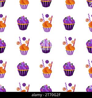 Sfondo di dolci, tra cui caramelle, dolciumi e dolci alla panna. Motivo senza cuciture con cupcake. Per il confezionamento di carta, imballaggio, tessuto Illustrazione Vettoriale