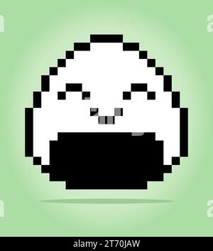 8 bit pixel di onigiri. Cibo giapponese per le risorse di gioco e motivi di cucitura incrociata in illustrazioni vettoriali. Illustrazione Vettoriale