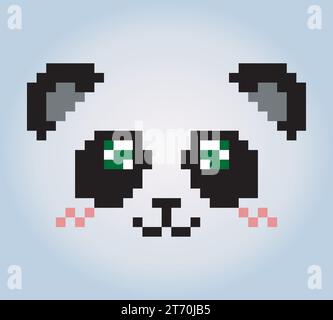 8 bit di pixel facciali dei panda. Animali per le risorse di gioco e motivi di cucitura incrociata in illustrazioni vettoriali. Illustrazione Vettoriale