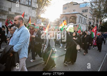 Istanbul, Turchia. 12 novembre 2023. I manifestanti che si avvicinavano a Sultanahmet camminavano con bandiere palestinesi e cantavano slogan. La Palestine Initiative Platform ha formato una catena umana da Edirnekapi a Sultanahmet per protestare contro gli attacchi israeliani a Gaza. Credito: SOPA Images Limited/Alamy Live News Foto Stock