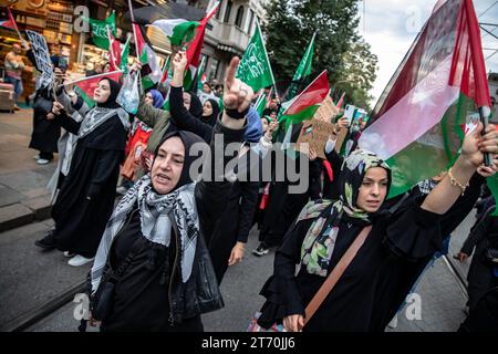 Istanbul, Turchia. 12 novembre 2023. I manifestanti che si avvicinavano a Sultanahmet camminavano con bandiere palestinesi e cantavano slogan. La Palestine Initiative Platform ha formato una catena umana da Edirnekapi a Sultanahmet per protestare contro gli attacchi israeliani a Gaza. Credito: SOPA Images Limited/Alamy Live News Foto Stock