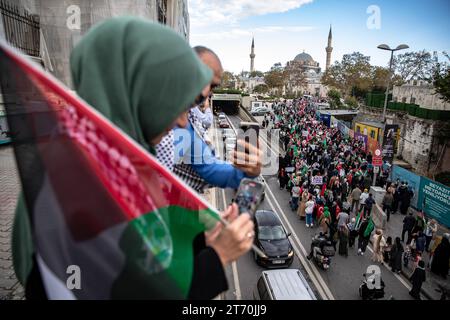 Istanbul, Turchia. 12 novembre 2023. I sostenitori palestinesi che hanno iniziato a camminare da Edirnekapi sono stati visti avvicinarsi a Piazza Beyazit. La Palestine Initiative Platform ha formato una catena umana da Edirnekapi a Sultanahmet per protestare contro gli attacchi israeliani a Gaza. Credito: SOPA Images Limited/Alamy Live News Foto Stock