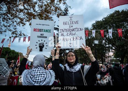 Istanbul, Turchia. 12 novembre 2023. La Palestine Initiative Platform ha formato una catena umana da Edirnekapi a Sultanahmet per protestare contro gli attacchi israeliani a Gaza. Credito: SOPA Images Limited/Alamy Live News Foto Stock