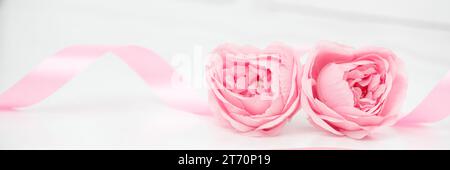 Due a forma di cuore di rose rosse e nastri isolati su sfondo bianco, il giorno di San Valentino Foto Stock