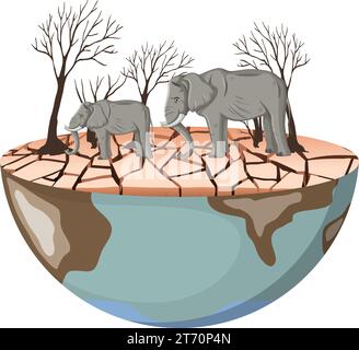 Illustrazione di un elefante malinconico su un paesaggio asciutto, che simboleggia la deforestazione Illustrazione Vettoriale