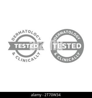 Etichetta vettoriale testata clinicamente e per dermatologia. Icona dermatologicamente provata o approvata. Illustrazione Vettoriale