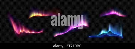 Set Aurora boreale isolato su sfondo trasparente. Illustrazione vettoriale realistica degli effetti di luce polare con sfumature di colore viola, rosa, giallo e blu che si illuminano nel cielo scuro, nella natura del polo nord Illustrazione Vettoriale