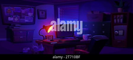 Ufficio detective di notte. Illustrazione di cartoni animati vettoriali della stanza scura della stazione di polizia con mobili, bacheca a parete, cartelle delle custodie sullo scaffale, computer, tazza da caffè sulla scrivania, postazione di lavoro degli investigatori Illustrazione Vettoriale
