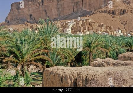 Wadi Dawan è una città e una valle desertica nello Yemen centrale. Situato nel Governatorato di Hadhramaut, è noto per i suoi edifici in mattoni di fango. Foto Stock