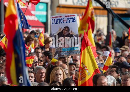 Un manifestante porta un cartello durante la manifestazione. La manifestazione indetta dal Partito Popolare (PP) in tutte le capitali provinciali per protestare contro una futura legge di amnistia dopo il patto PSOE con Junts e ERC ha riunito più di 80.000 persone a Madrid, secondo i dati della delegazione del governo. Il PP aumenta la cifra a un milione di partecipanti a Madrid e a circa due milioni il numero totale di persone che si sarebbero mobilitate nelle 52 province spagnole. (Foto di David Canales / SOPA Images/Sipa USA) Foto Stock