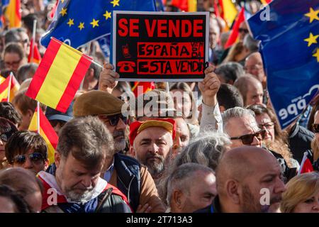 Un manifestante porta un cartello durante la manifestazione. La manifestazione indetta dal Partito Popolare (PP) in tutte le capitali provinciali per protestare contro una futura legge di amnistia dopo il patto PSOE con Junts e ERC ha riunito più di 80.000 persone a Madrid, secondo i dati della delegazione del governo. Il PP aumenta la cifra a un milione di partecipanti a Madrid e a circa due milioni il numero totale di persone che si sarebbero mobilitate nelle 52 province spagnole. (Foto di David Canales / SOPA Images/Sipa USA) Foto Stock