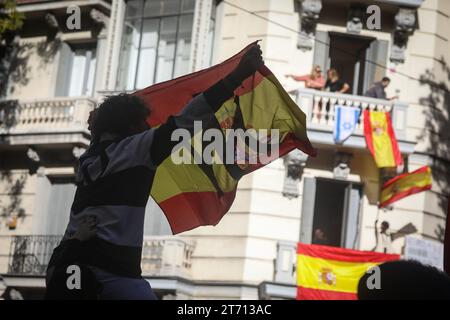 Un manifestante alza una bandiera spagnola durante la manifestazione. La manifestazione indetta dal Partito Popolare (PP) in tutte le capitali provinciali per protestare contro una futura legge di amnistia dopo il patto PSOE con Junts e ERC ha riunito più di 80.000 persone a Madrid, secondo i dati della delegazione del governo. Il PP aumenta la cifra a un milione di partecipanti a Madrid e a circa due milioni il numero totale di persone che si sarebbero mobilitate nelle 52 province spagnole. (Foto di David Canales / SOPA Images/Sipa USA) Foto Stock